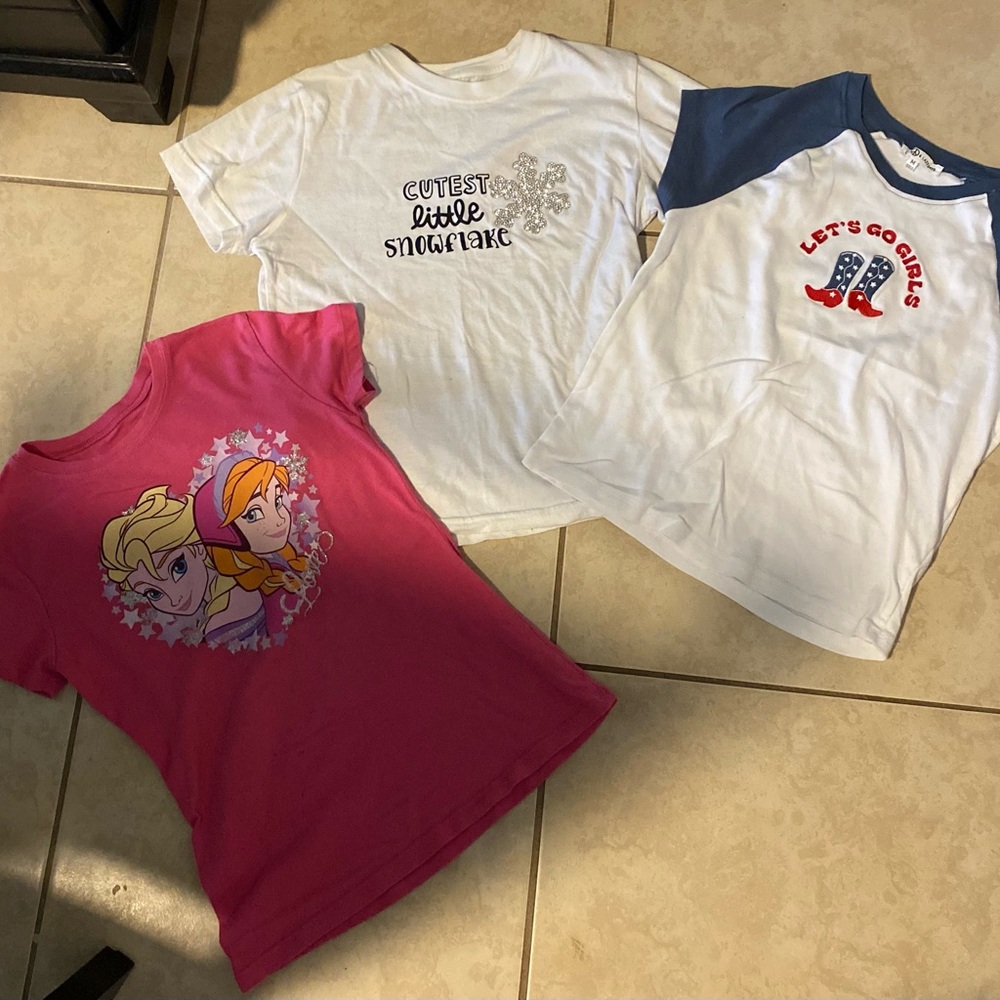 3 Lot Girls Tees Frozen Princess Snowflake Sparkly Let’s Go Girls Embroidered M